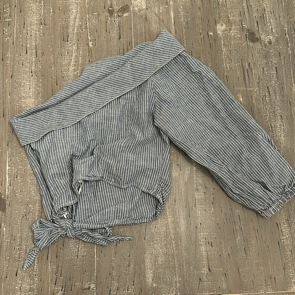 Free People Get Down Blue Striped One Shoulder Crop Top - Picture 7 of 8